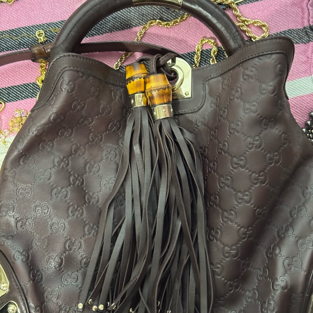 Gucci Dark Brown Embossed Leather Tassel Satchel with Gold Hardware - Picture 2 of 6